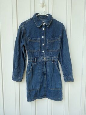 Mango MNG Denim Mini Dress Long Sleeve Button Front Blue Jean Utility Sz XS 2